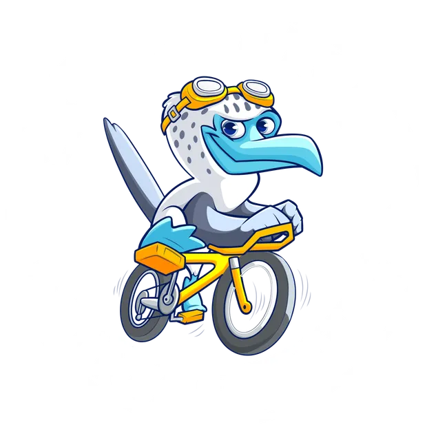 La mascotte du club : un fou à pieds bleus, lunettes de natation sur la tête, à vélo